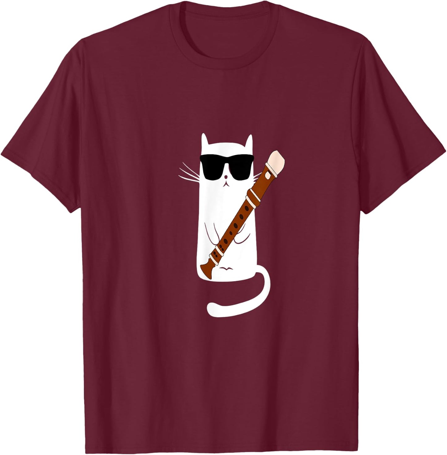 Funny Cat Wearing Sunglasses Playing Recorder Men Women Girls Kids T-Shirt - T-Shirt | Maroon