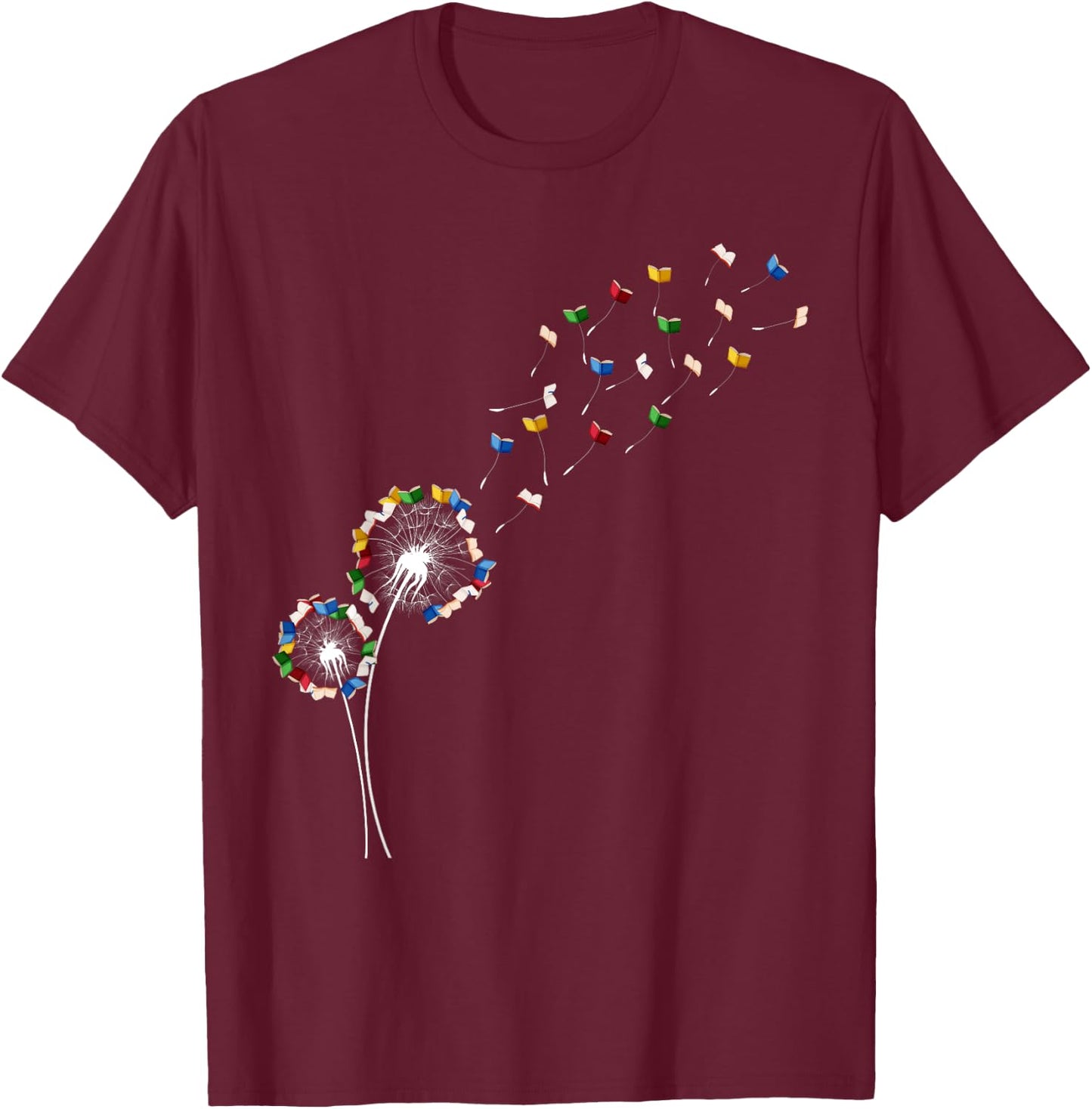 Book Lovers Cute Dandelion With Books Image T-Shirt - T-Shirt | Maroon