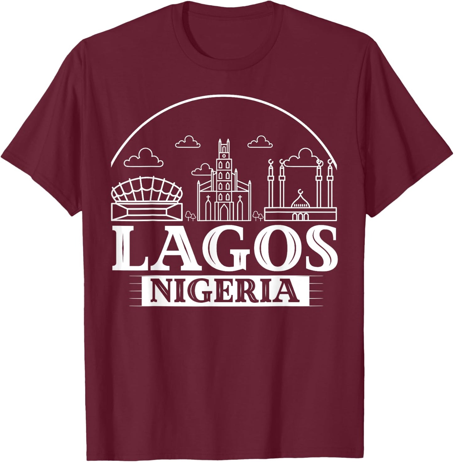Lagos Nigeria City Skyline Map Travel T-Shirt - T-Shirt | Maroon