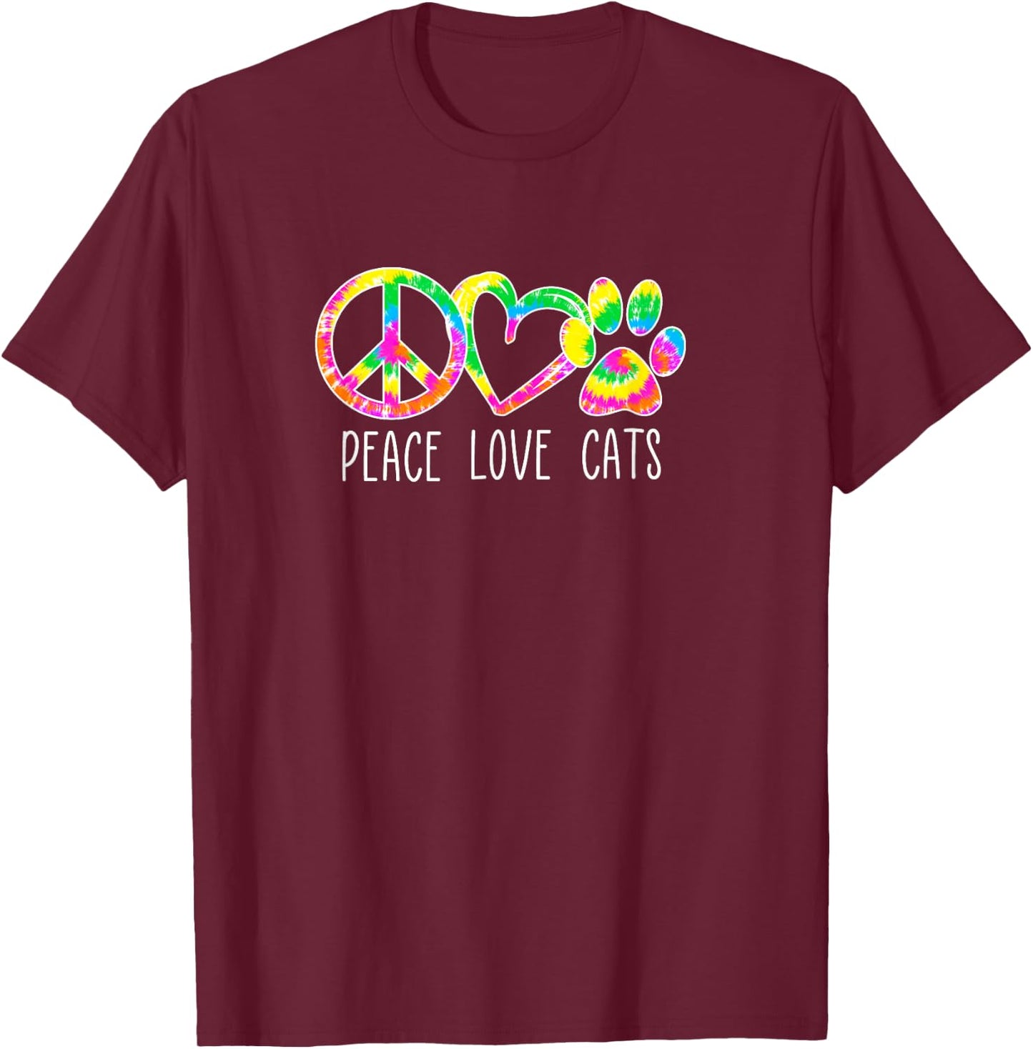 Cat Lover Shirts Peace Love Cats Kittens Paw Bright Tie Dye T-Shirt - T-Shirt | Maroon