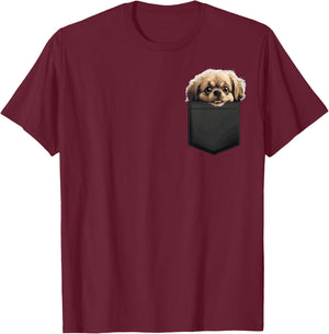 Funny Pekingese Puppy Dog In Pocket Cute Pet Lover T-Shirt - T-Shirt | Maroon