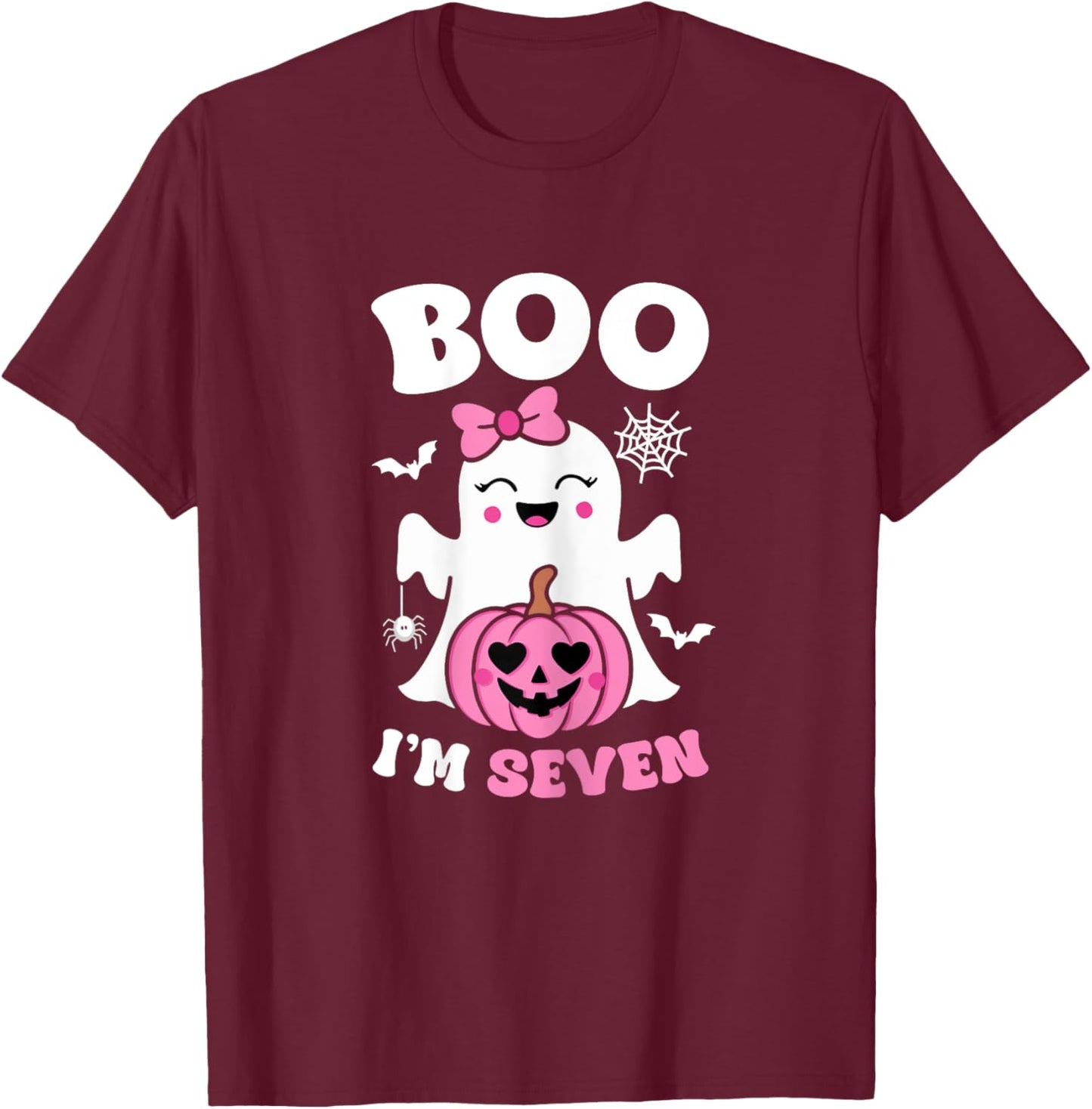 Ghost Boo I'm Seven Year 7th Birthday Girls Halloween Groovy T-Shirt - T-Shirt | Maroon
