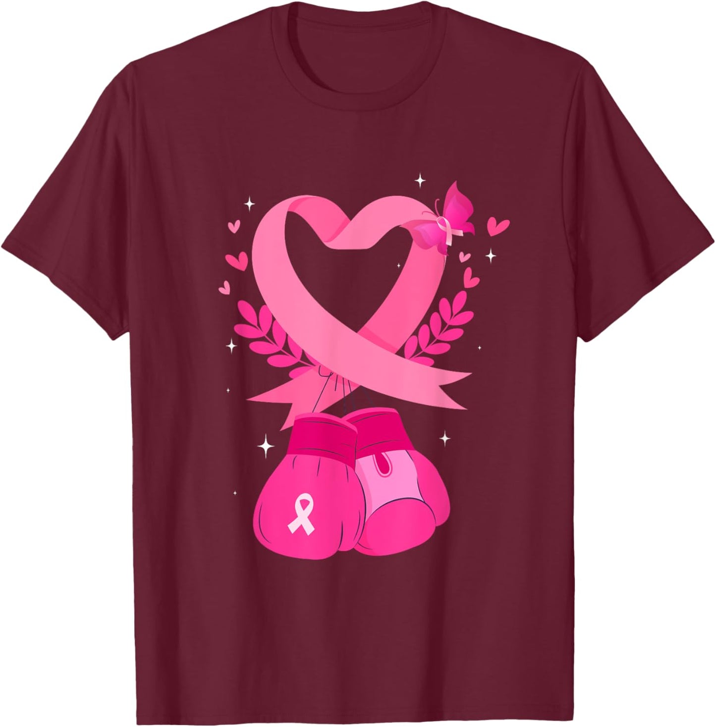 Breast Cancer Awareness Pink Ribbon Heart Boxing Gloves T-Shirt - T-Shirt | Maroon