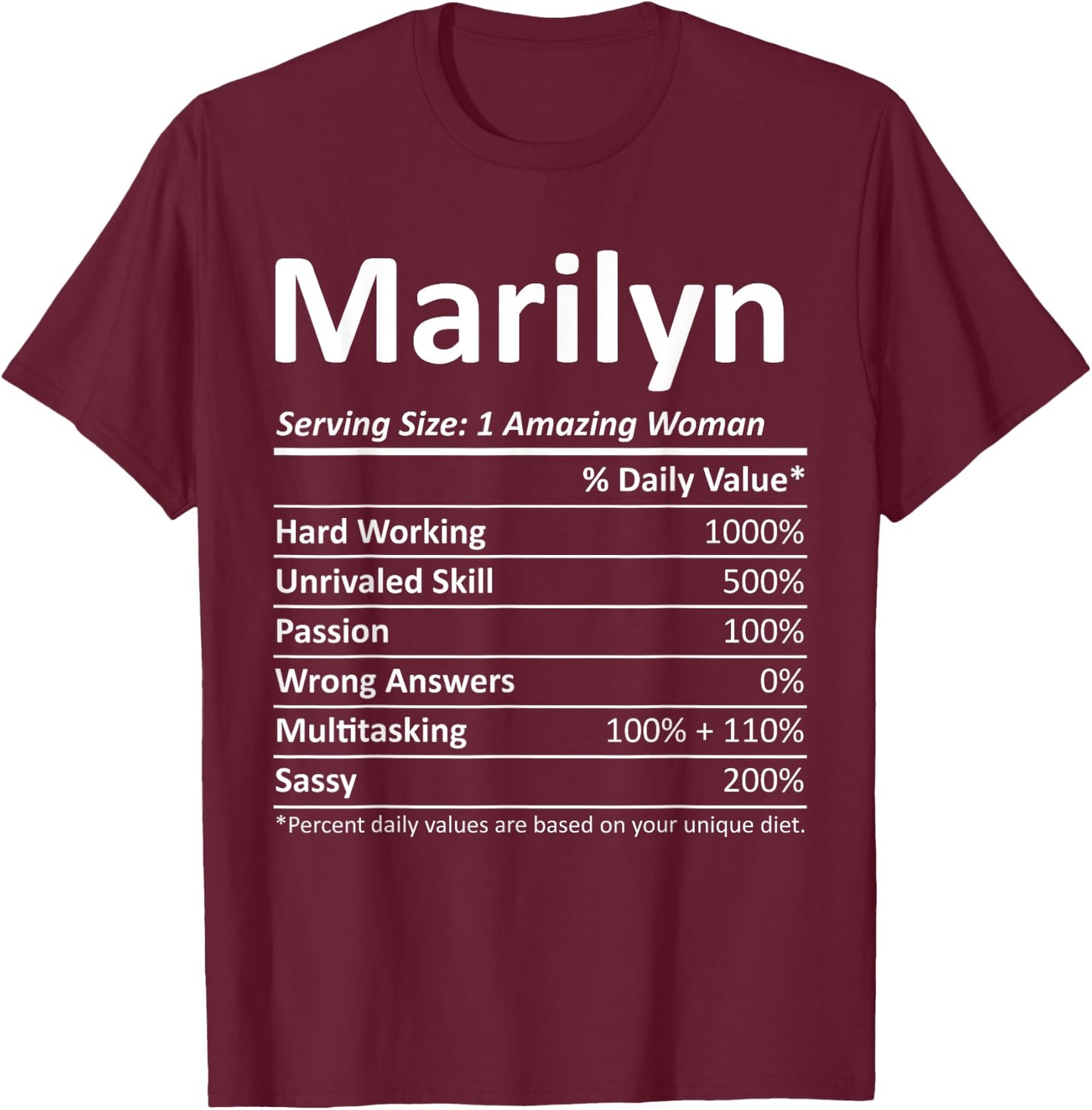 MARILYN Nutrition Personalized Name Funny Christmas Gift T-Shirt - T-Shirt | Maroon