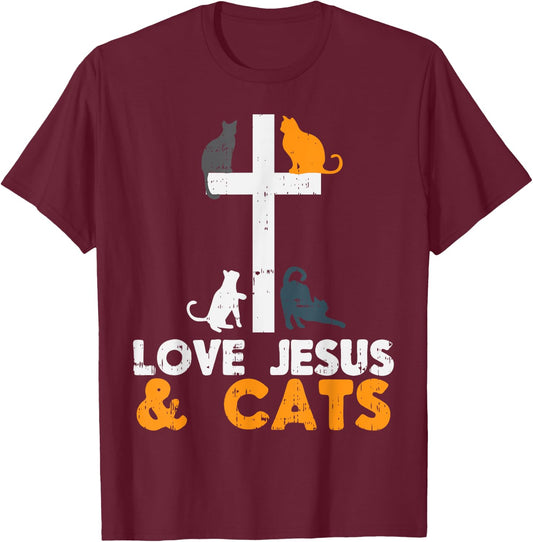 Cross Love Jesus Cats Animal God Christian Pet Lover Gift T-Shirt - T-Shirt | Maroon