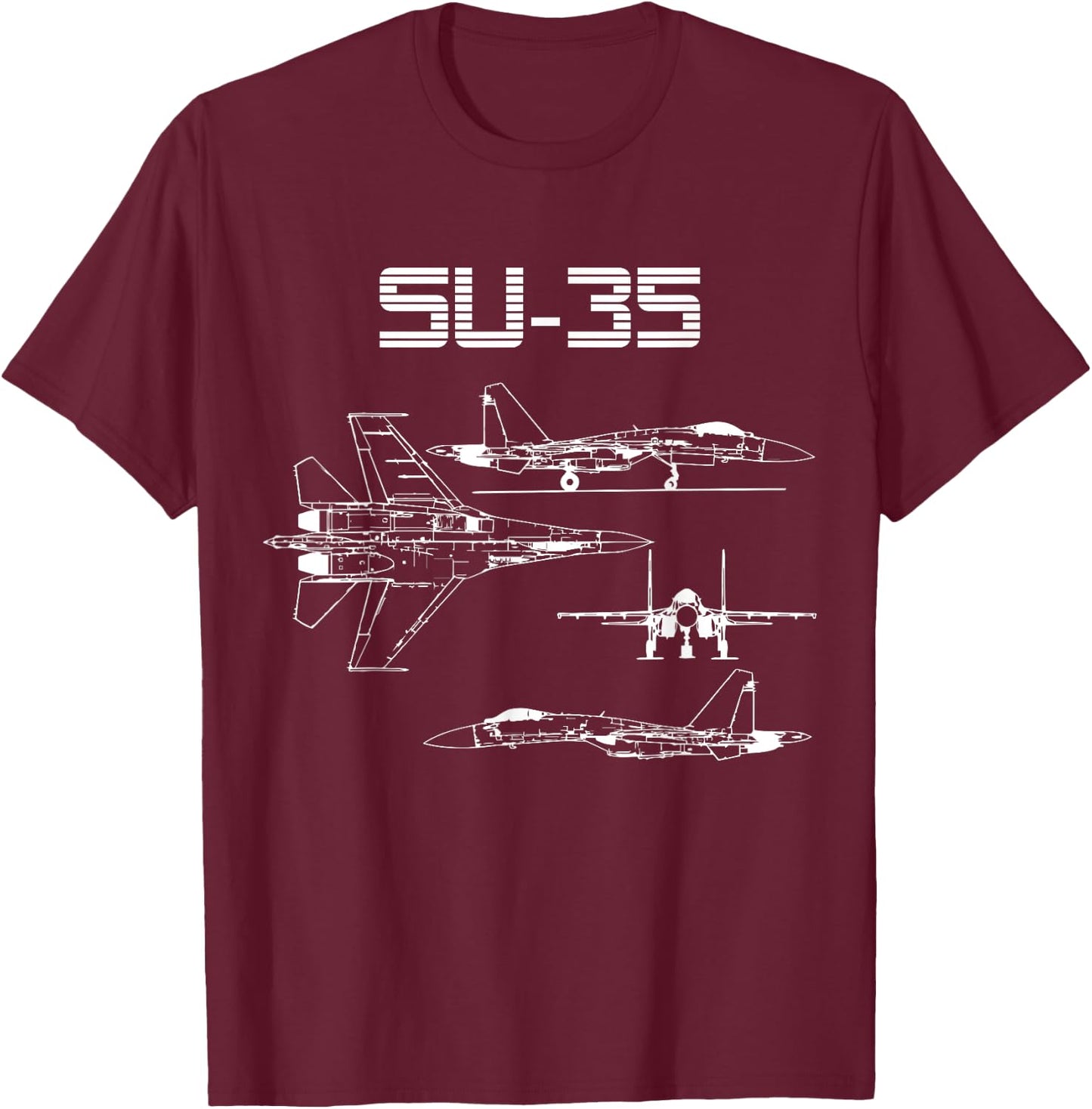 Su-35 Fighter Plane Warbird Blueprint Schematics Diagram T-Shirt - T-Shirt | Maroon