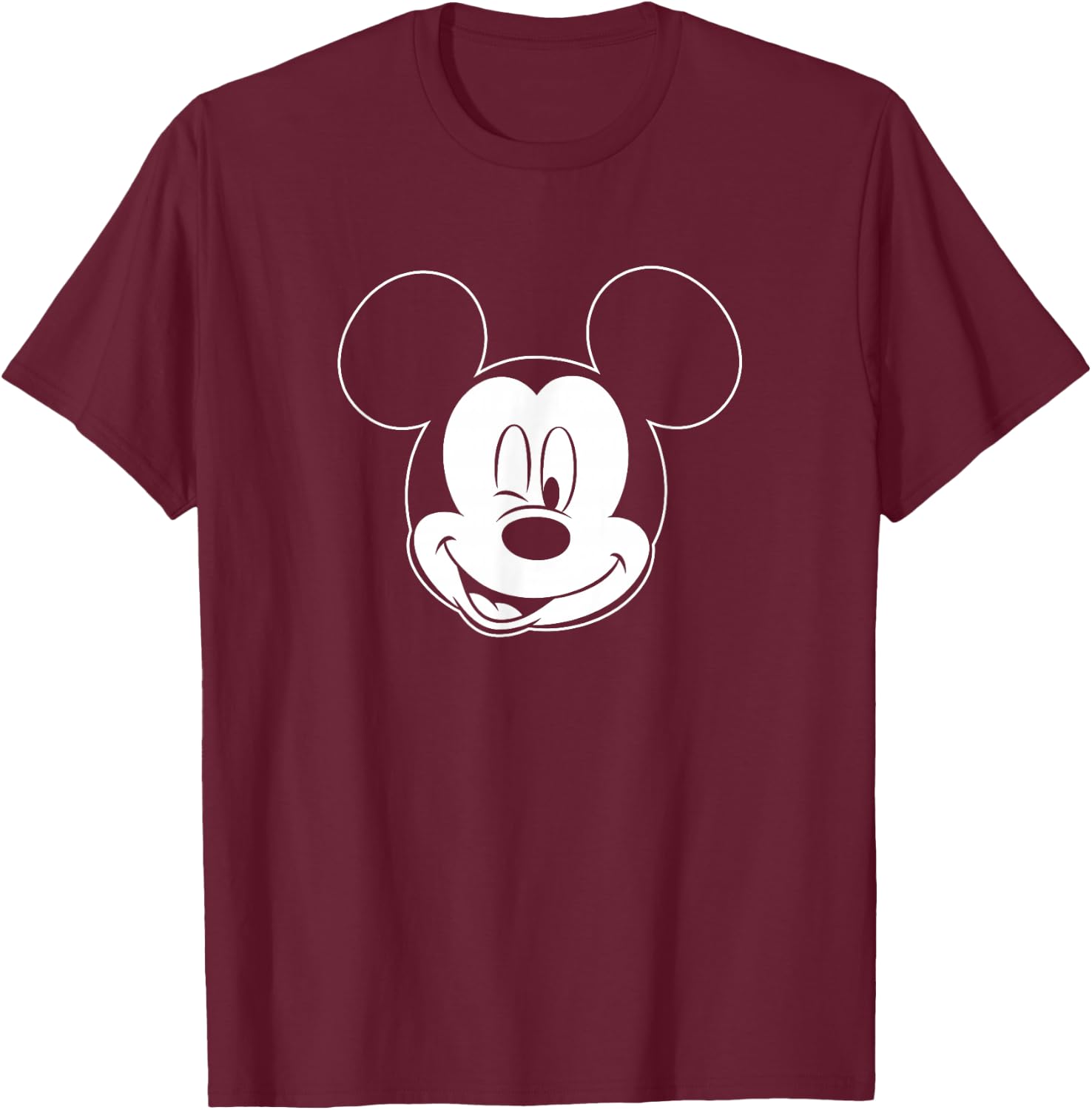 Disney Mickey Mouse Large White Outline Winking Face T-Shirt - T-Shirt | Maroon