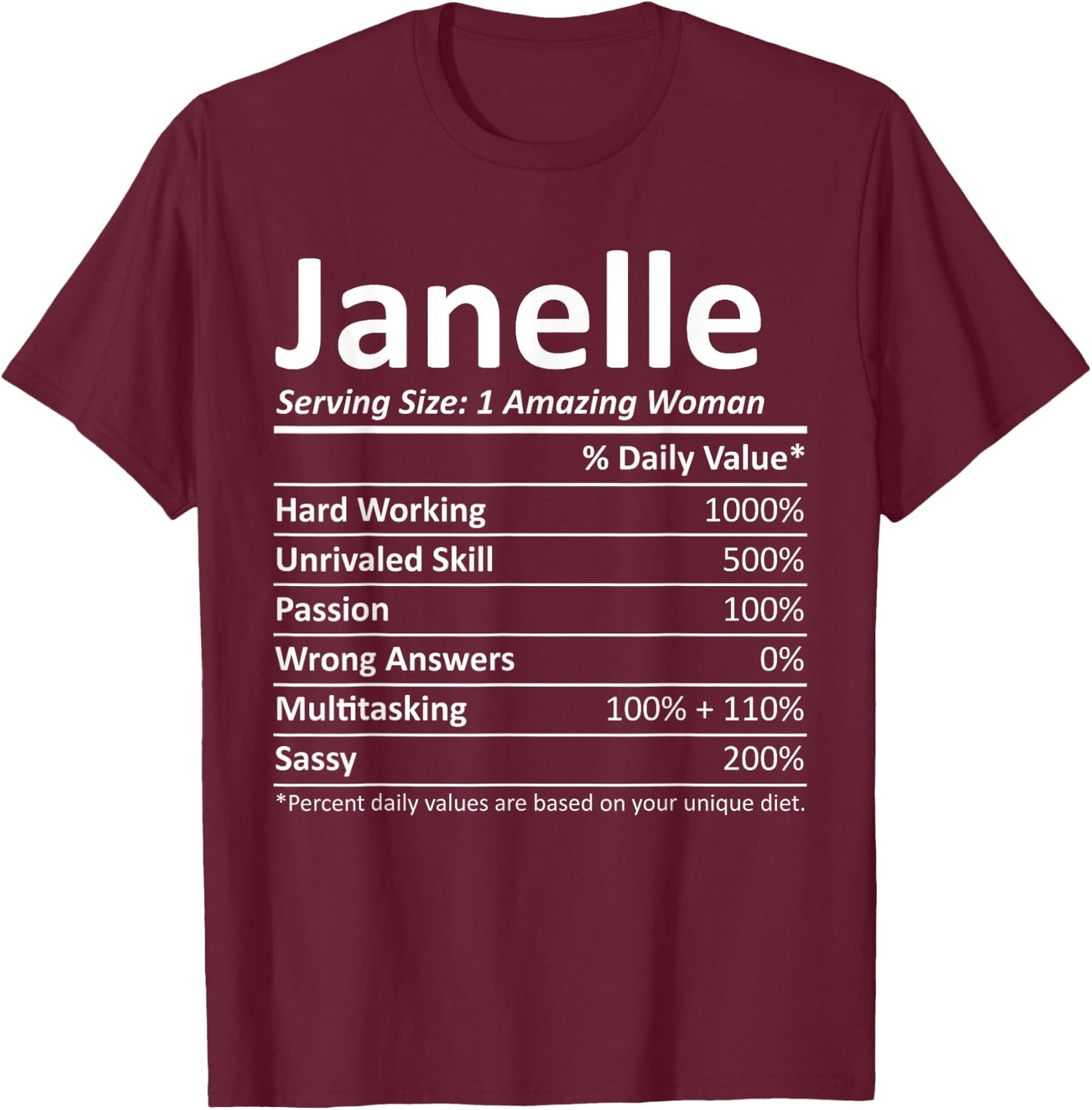 Custom Girl Women Mom Fun Birthday Nutrition Facts Janelle Personalized Name Funny T-Shirt - T-Shirt | Maroon