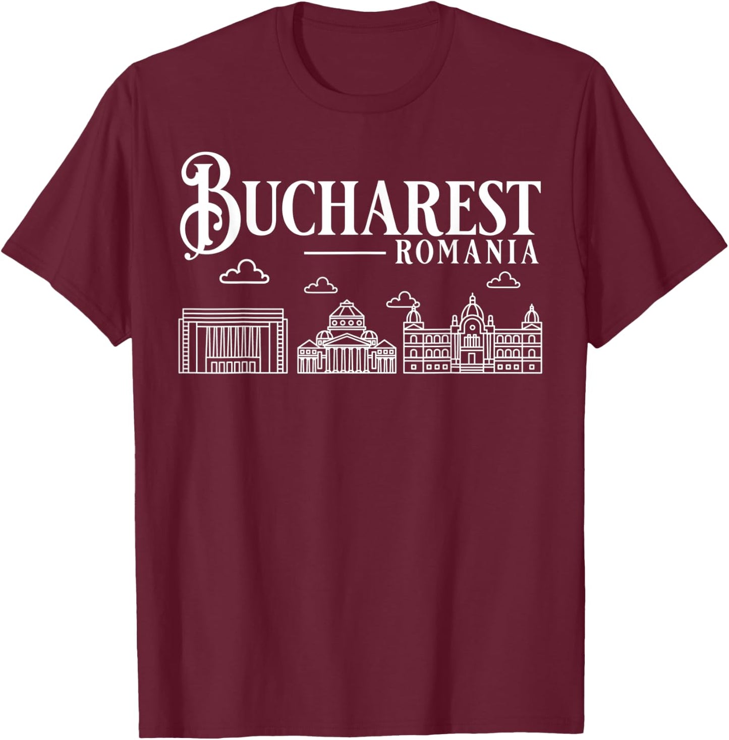 Bucharest Romania City Skyline Map Travel T-Shirt - T-Shirt | Maroon