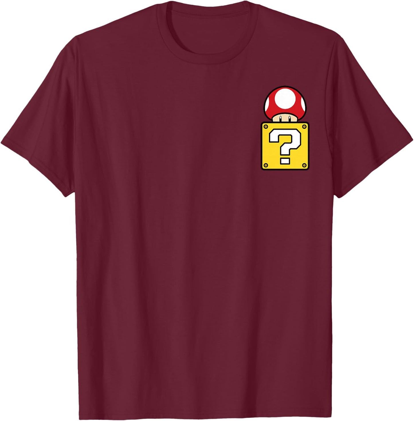 Super Mario Mystery Box Mushroom Left Chest T-Shirt - T-Shirt | Maroon