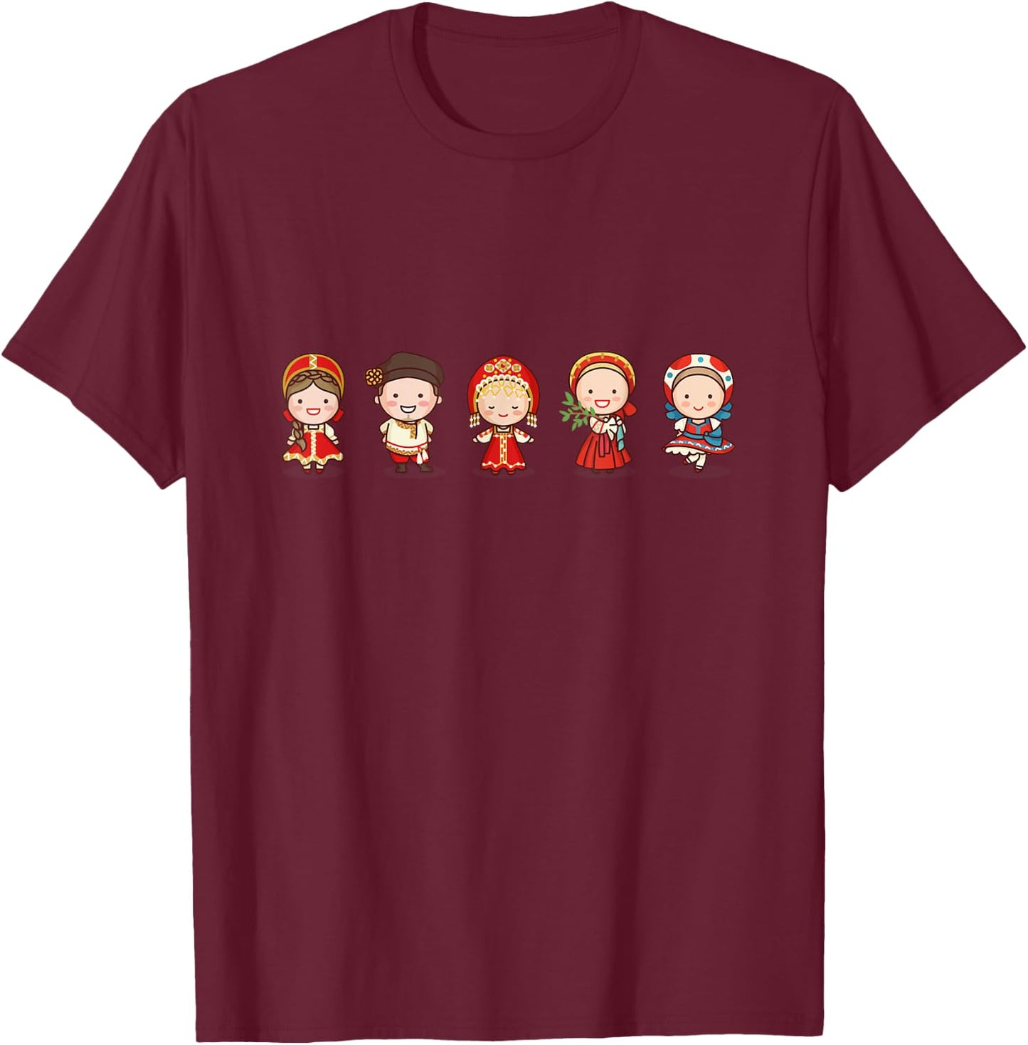 Cute Traditional Russian Characters In Russian Clothing T-Shirt - T-Shirt | Maroon