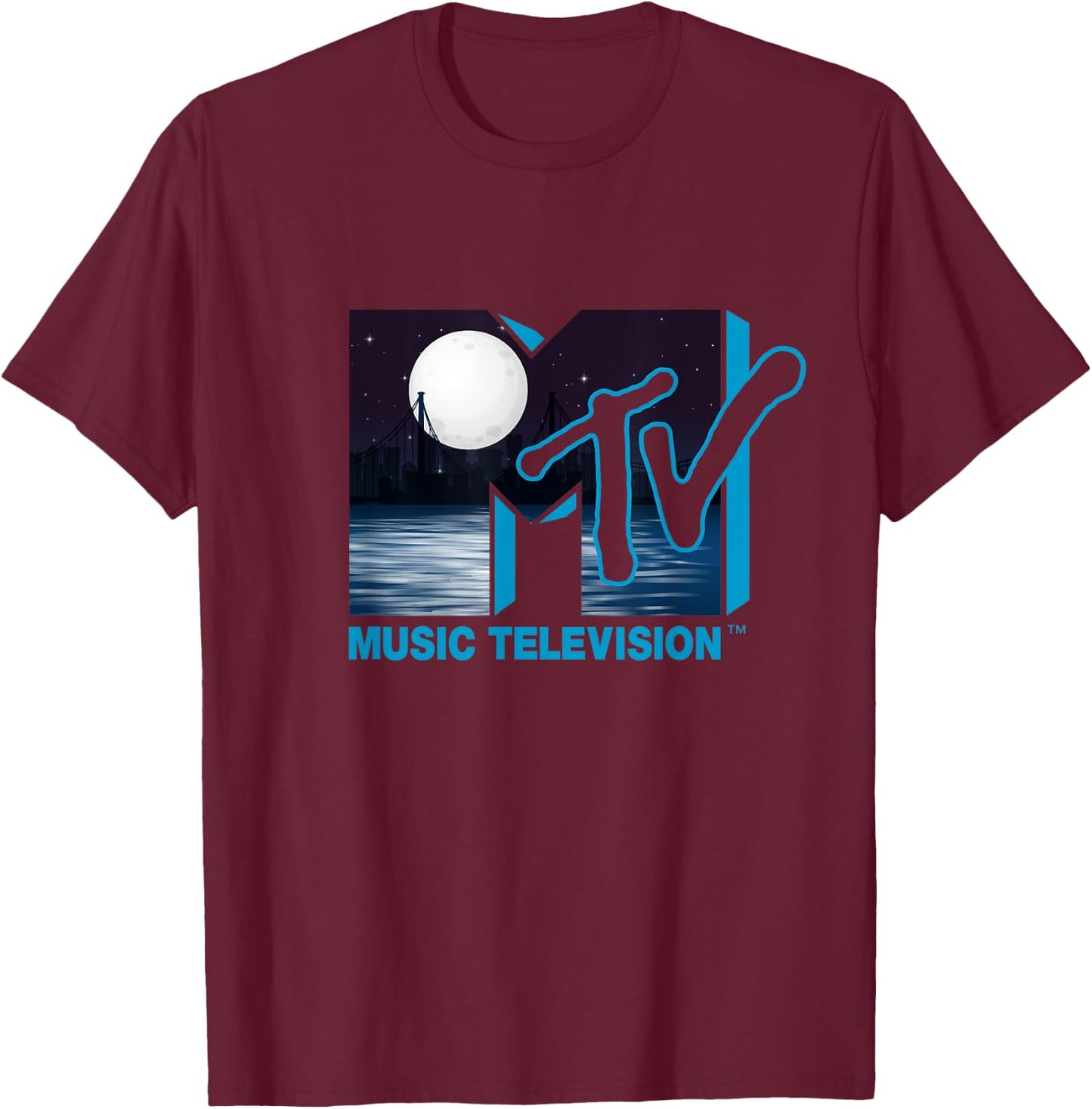 Mademark x MTV - The official original MTV Logo with Full Moon above the City T-Shirt - T-Shirt | Maroon