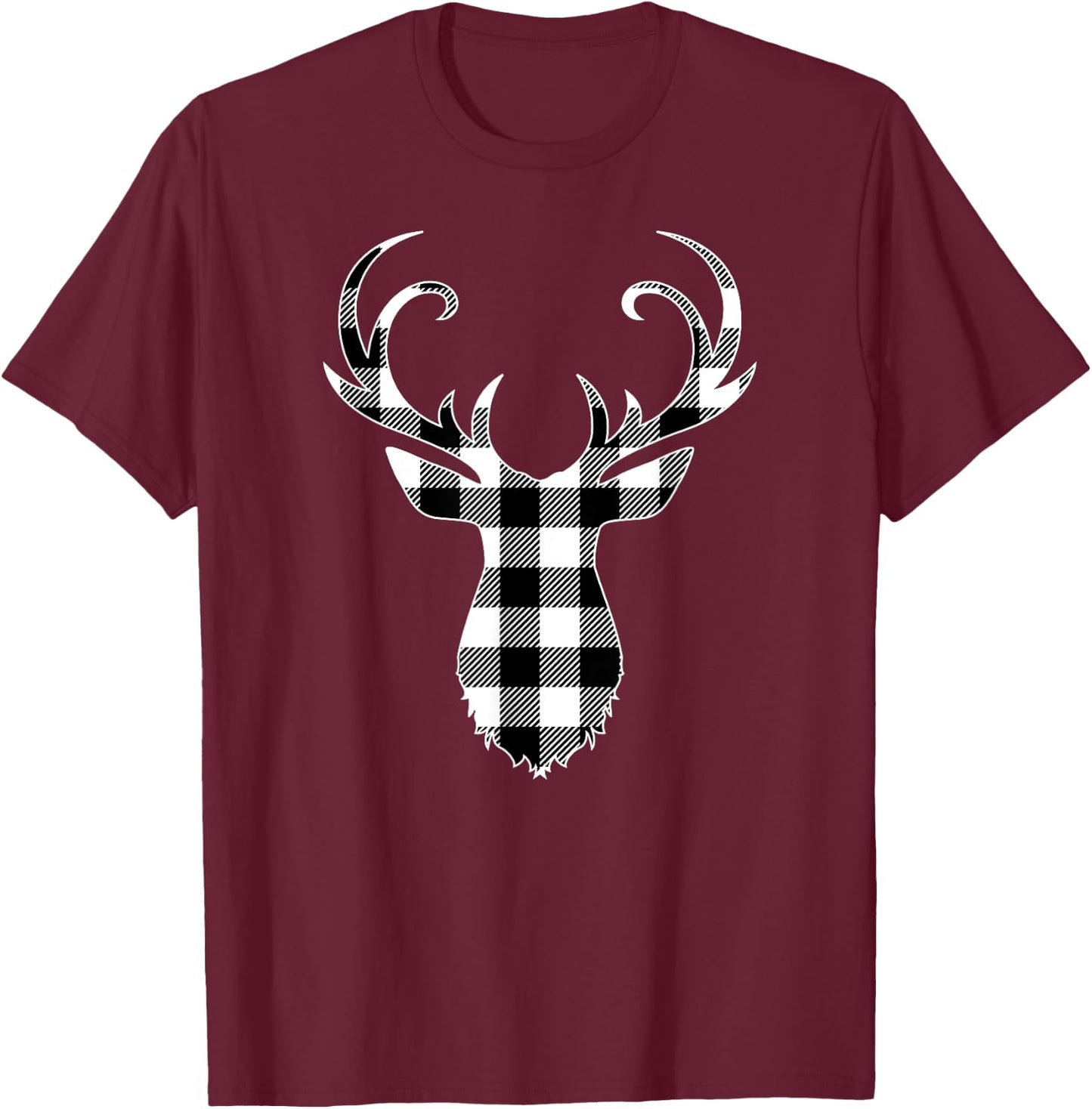 Black & White Classic Christmas Buffalo Plaid Deer Head T-Shirt - T-Shirt | Maroon