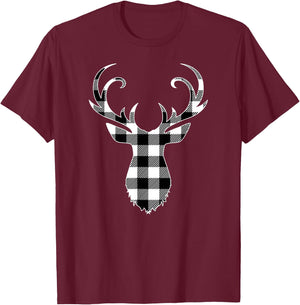 Black & White Classic Christmas Buffalo Plaid Deer Head T-Shirt - T-Shirt | Maroon