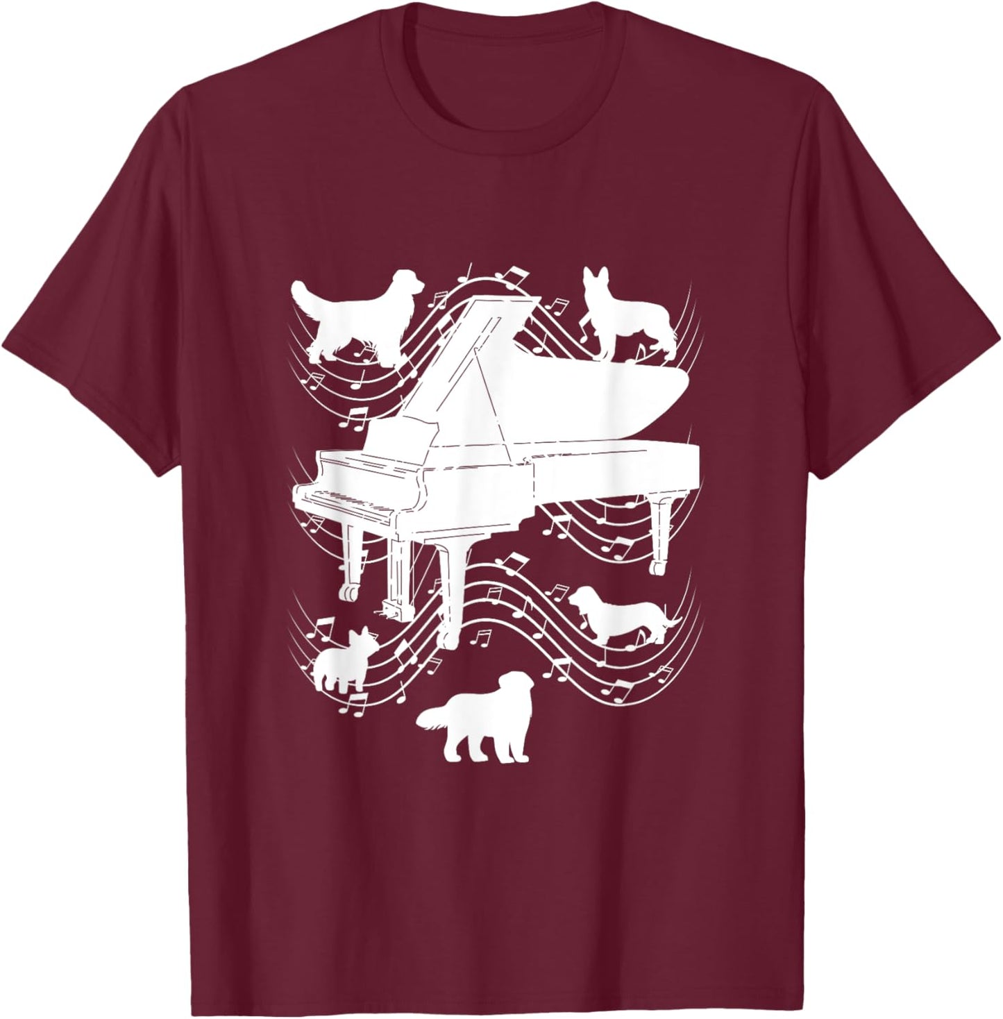 Piano Dog Shirt Musical Notes Musician Pianist Dog Lover T-Shirt - T-Shirt | Maroon