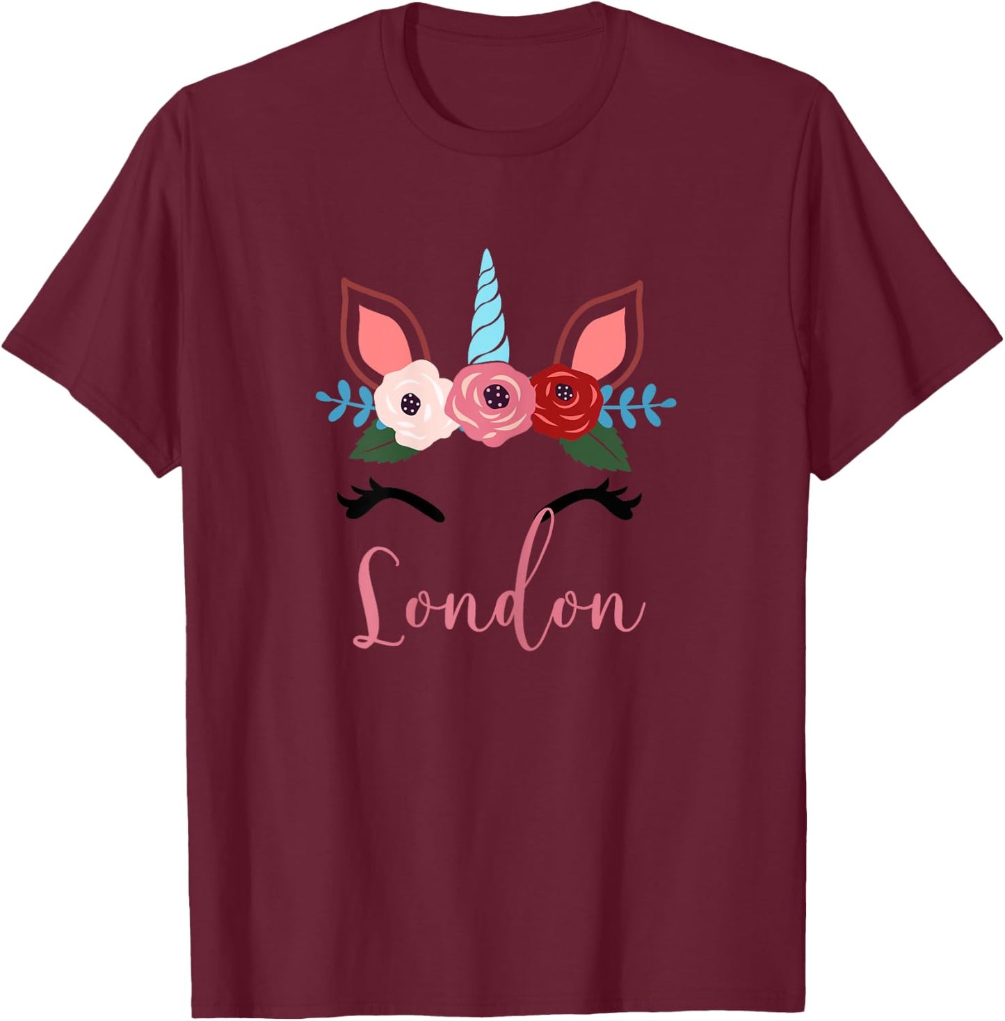 Cute London Magical Floral Unicorn For Girls T-Shirt - T-Shirt | Maroon