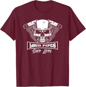 Loud Pipe Save Lives Bikers Skull Men's Women's T-Shirt - T-Shirt | Maroon