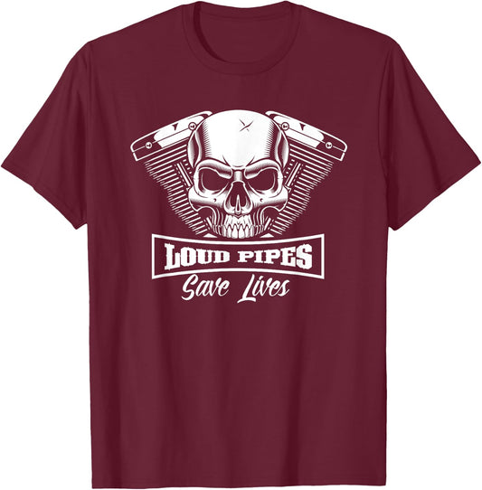 Loud Pipe Save Lives Bikers Skull Men's Women's T-Shirt - T-Shirt | Maroon