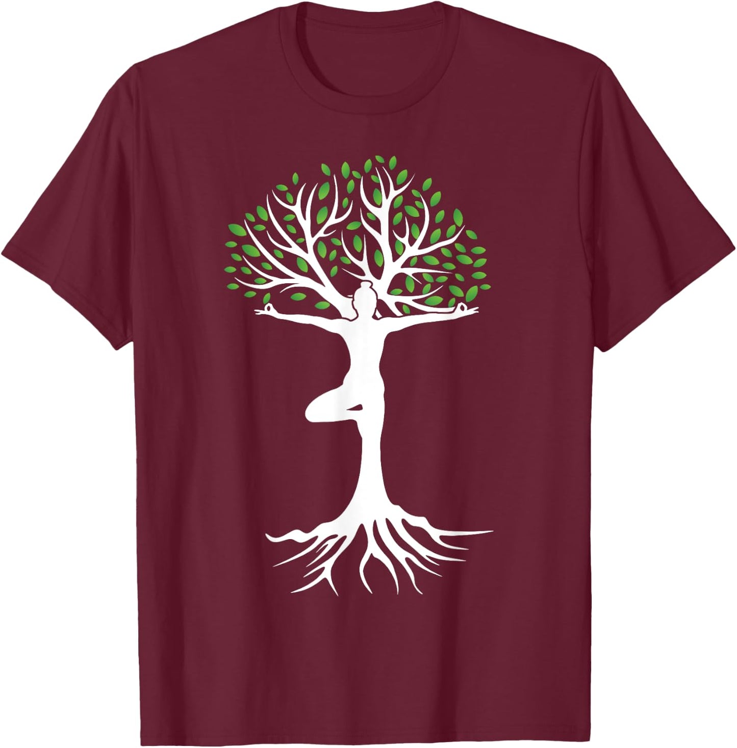 Zen Tree-Pose with Leaves Branches and Roots Yoga Namaste T-Shirt - T-Shirt | Maroon