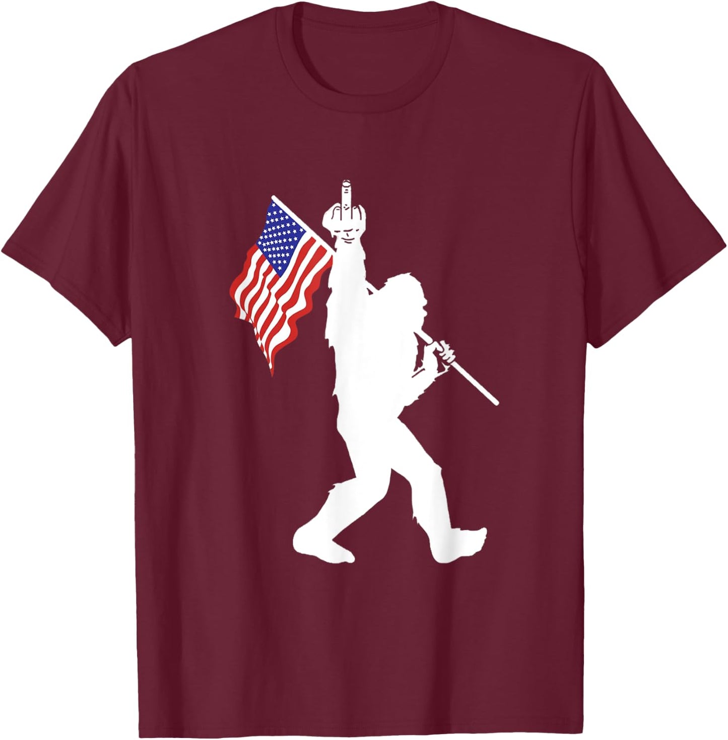 Funny Bigfoot Middle Finger USA Flag Sasquatch Believers T-Shirt - T-Shirt | Maroon
