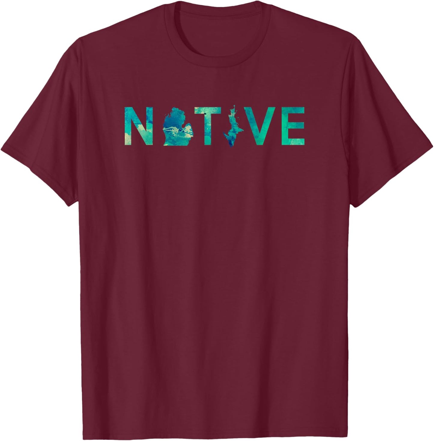 Native Michigander State Map Letter Green Watercolor Art Fan T-Shirt - T-Shirt | Maroon