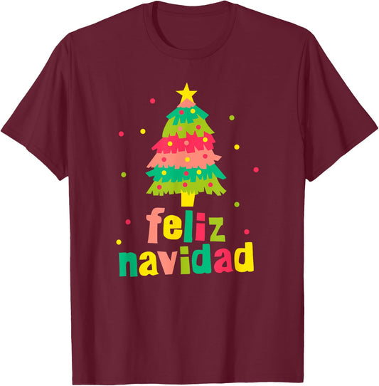 Feliz Navidad Colorful Xmas Tree Spanish Christmas Xmas Gift T-Shirt - T-Shirt | Maroon