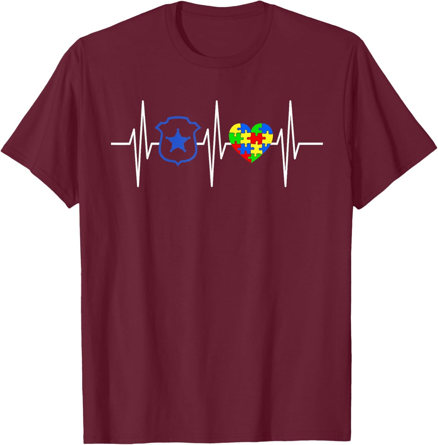 Police Autism Awareness Shirt Colored Puzzle Heart T-Shirt - T-Shirt | Maroon