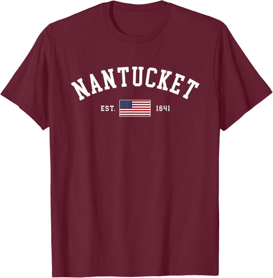 Nantucket Massachusetts July 4th US Flag Retro Throwback T-Shirt - T-Shirt | Maroon