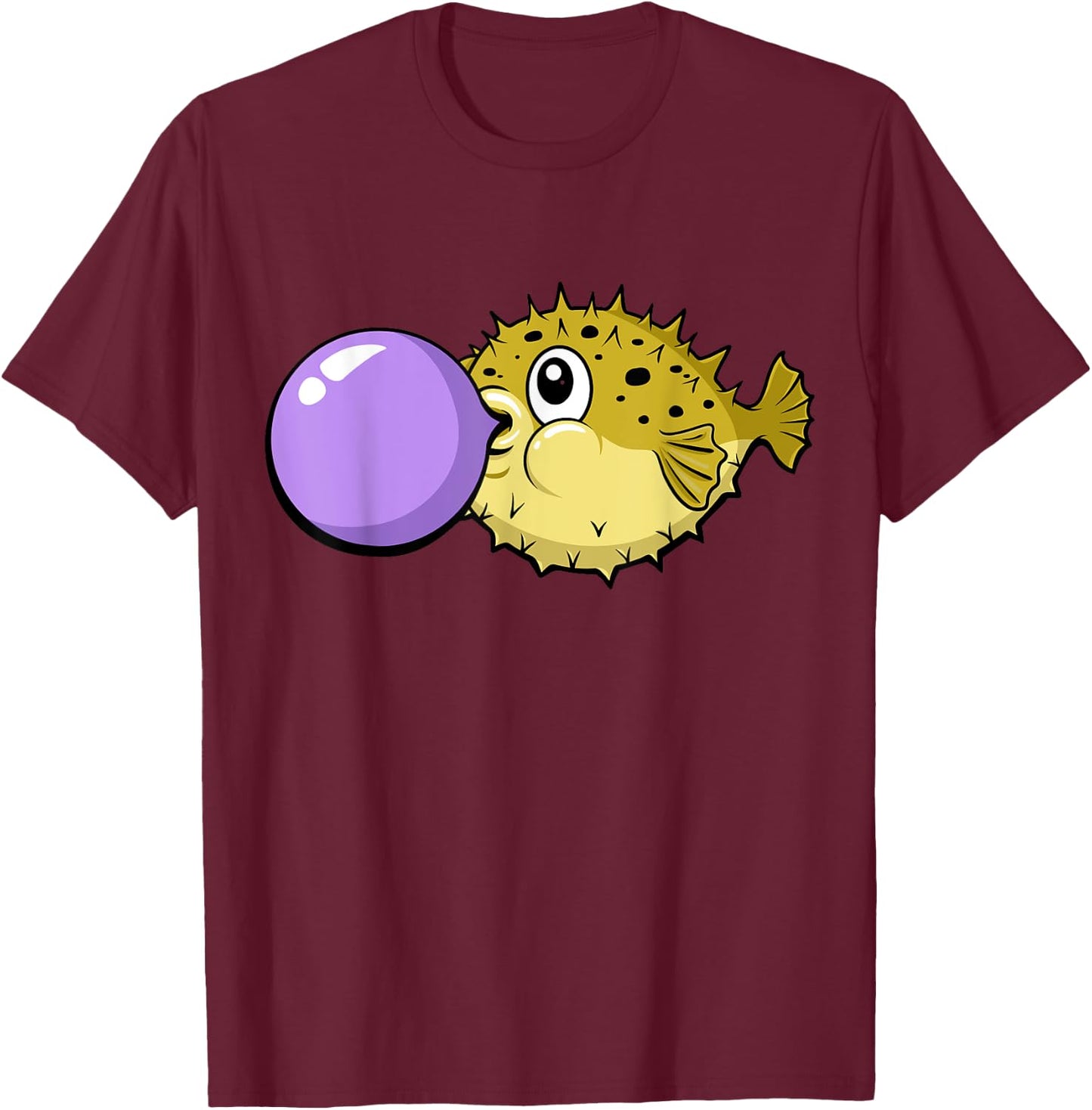 Funny Cute Kawaii Blowfish Pufferfish Gum Bubble T-Shirt - T-Shirt | Maroon