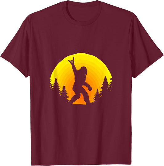 Funny Bigfoot Rock and Roll Sasquatch Believer Sunset T-Shirt - T-Shirt | Maroon