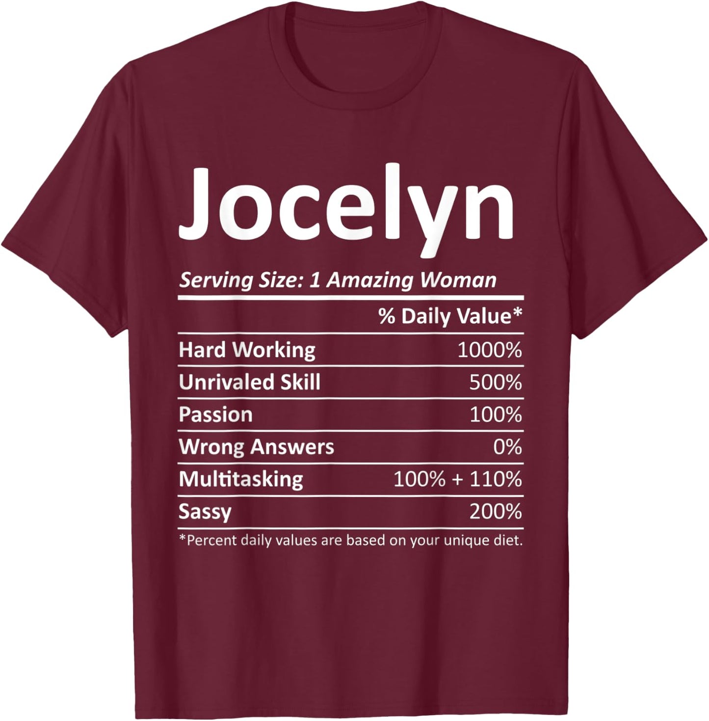 JOCELYN Nutrition Personalized Name Funny Christmas Gift T-Shirt - T-Shirt | Maroon