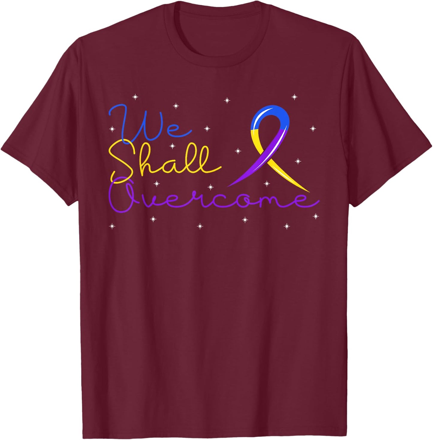 Overcome Bladder Cancer Purple Blue And Yellow Ribbon Gift T-Shirt - T-Shirt | Maroon