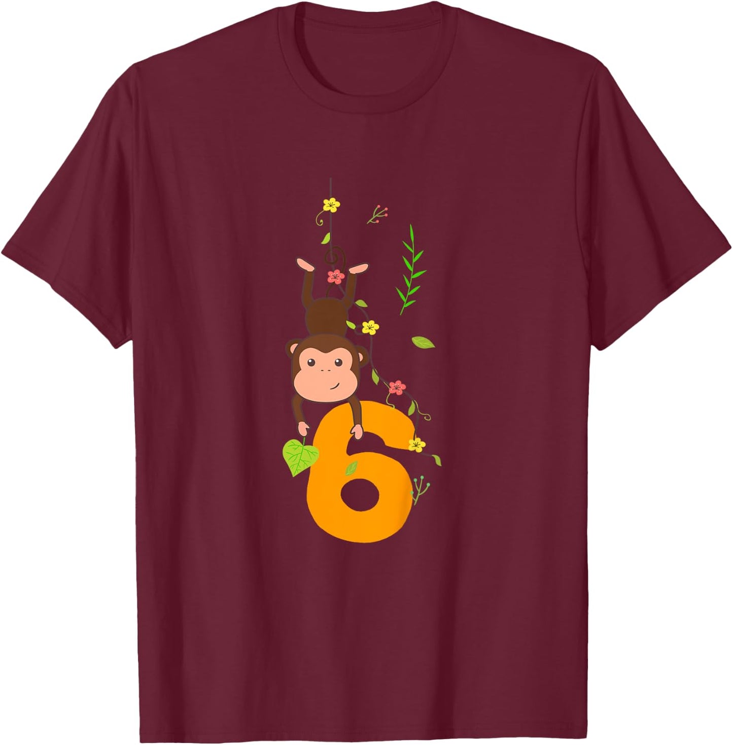 Kids Funny Cute Monkey Lover 6th Birthday Six 6 Yr 6 Year Old T-Shirt - T-Shirt | Maroon