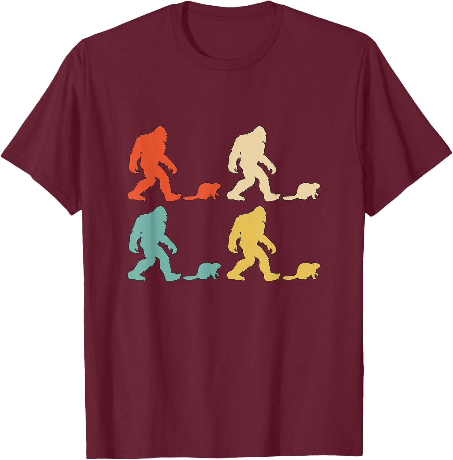 Retro Colors Bigfoot Beaver Gift Sasquatch Beaver T-Shirt - T-Shirt | Maroon