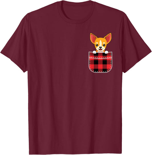 Cute Chihuahua Dog In Buffalo Plaid Pocket Christmas Gift T-Shirt - T-Shirt | Maroon