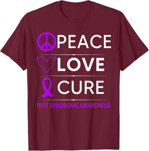 Rett Syndrome Awareness Peace Love Cure Purple Ribbon T-Shirt - T-Shirt | Maroon