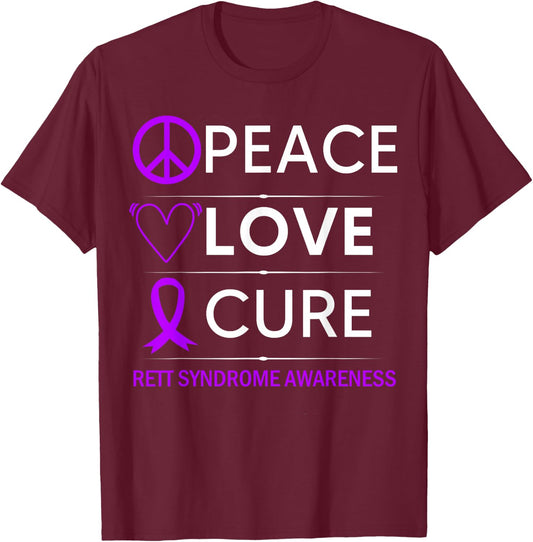 Rett Syndrome Awareness Peace Love Cure Purple Ribbon T-Shirt - T-Shirt | Maroon