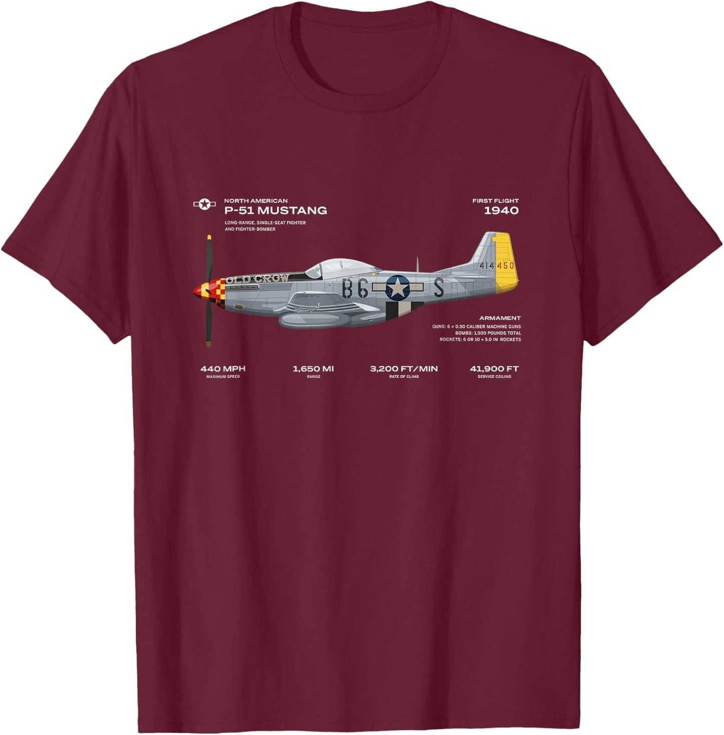 P-51 Mustang WWII Aeroplane Historical Warbird Fighter T-Shirt - T-Shirt | Maroon