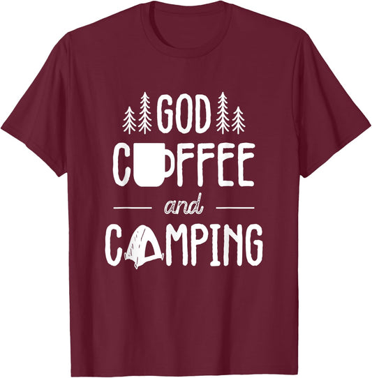 God Coffee And Camping Gifts Men Women Kids Christian Camp T-Shirt - T-Shirt | Maroon