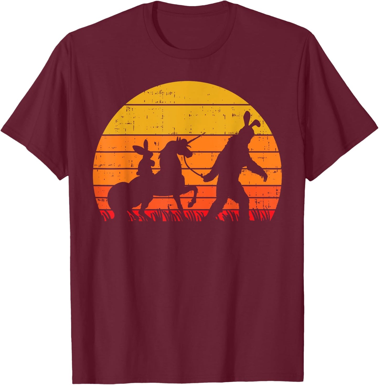 Bigfoot Unicorn Easter Bunny Retro Sunset Funny Beileve Gift T-Shirt - T-Shirt | Maroon