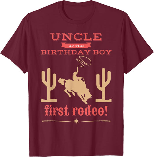Uncle First Rodeo 1st Birthday Cowboy Family Matching T-Shirt - T-Shirt | Maroon