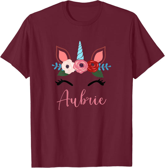 Cute Aubrie Magical Floral Unicorn For Girls T-Shirt - T-Shirt | Maroon