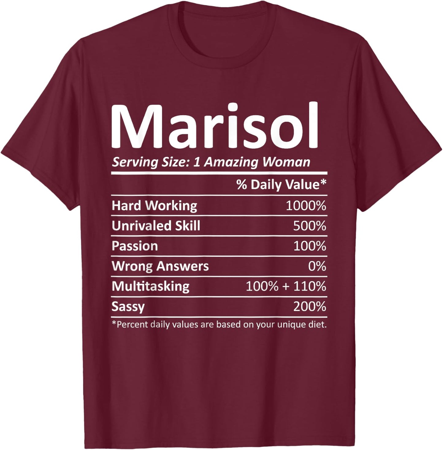 MARISOL Nutrition Personalized Name Funny Christmas Gift T-Shirt - T-Shirt | Maroon