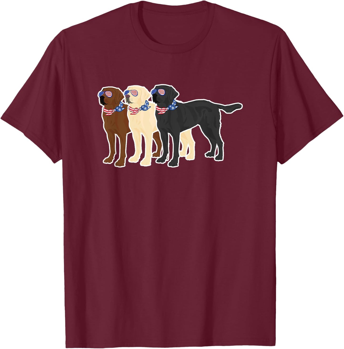 3 Labrador Retrievers Wearing USA Glasses Brown Black Yellow T-Shirt - T-Shirt | Maroon