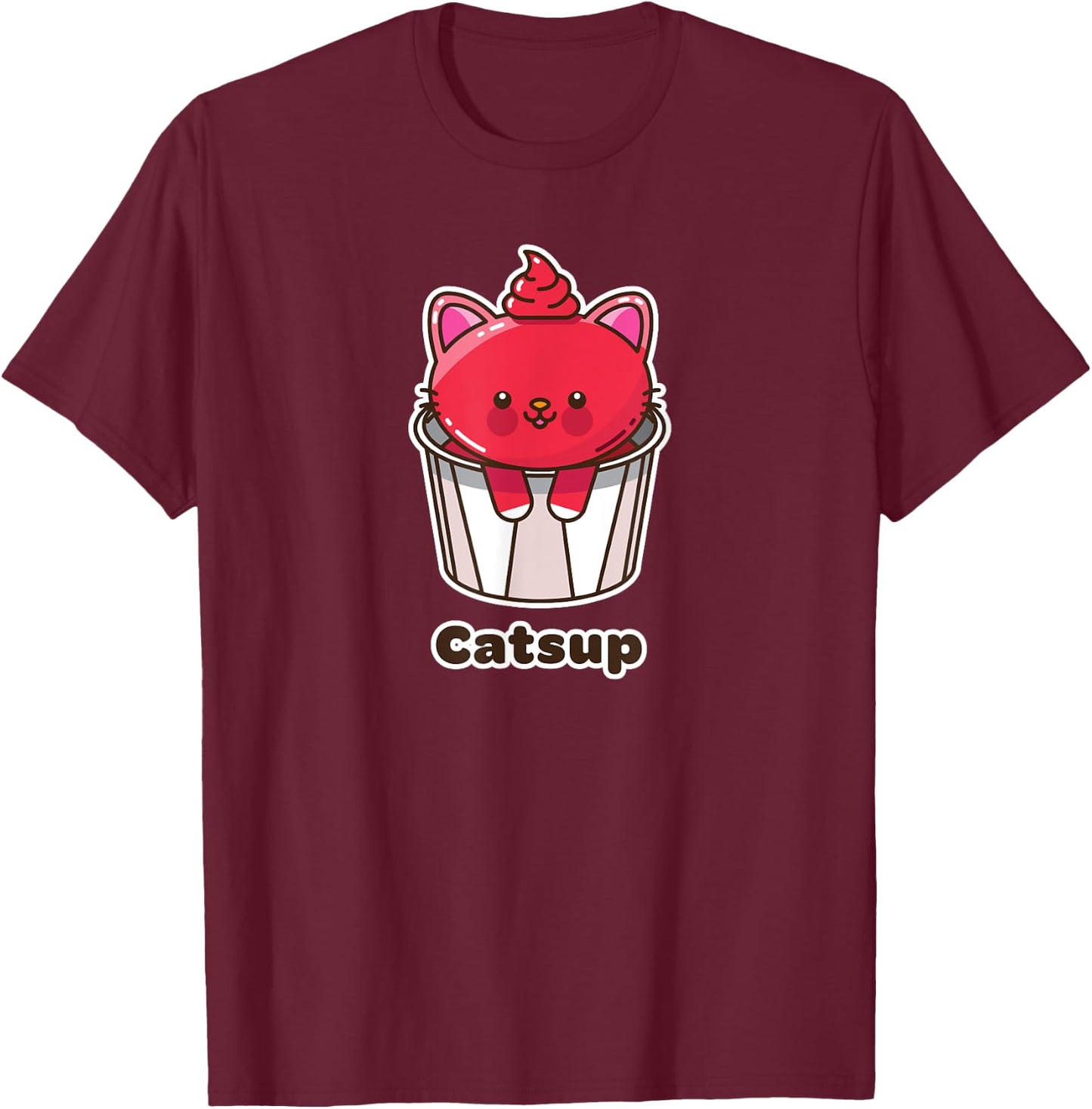 Kawaii Cat Catsup Ketchup Cute Fun Japanese Food Pun Gift Women Kids T-Shirt - T-Shirt | Maroon