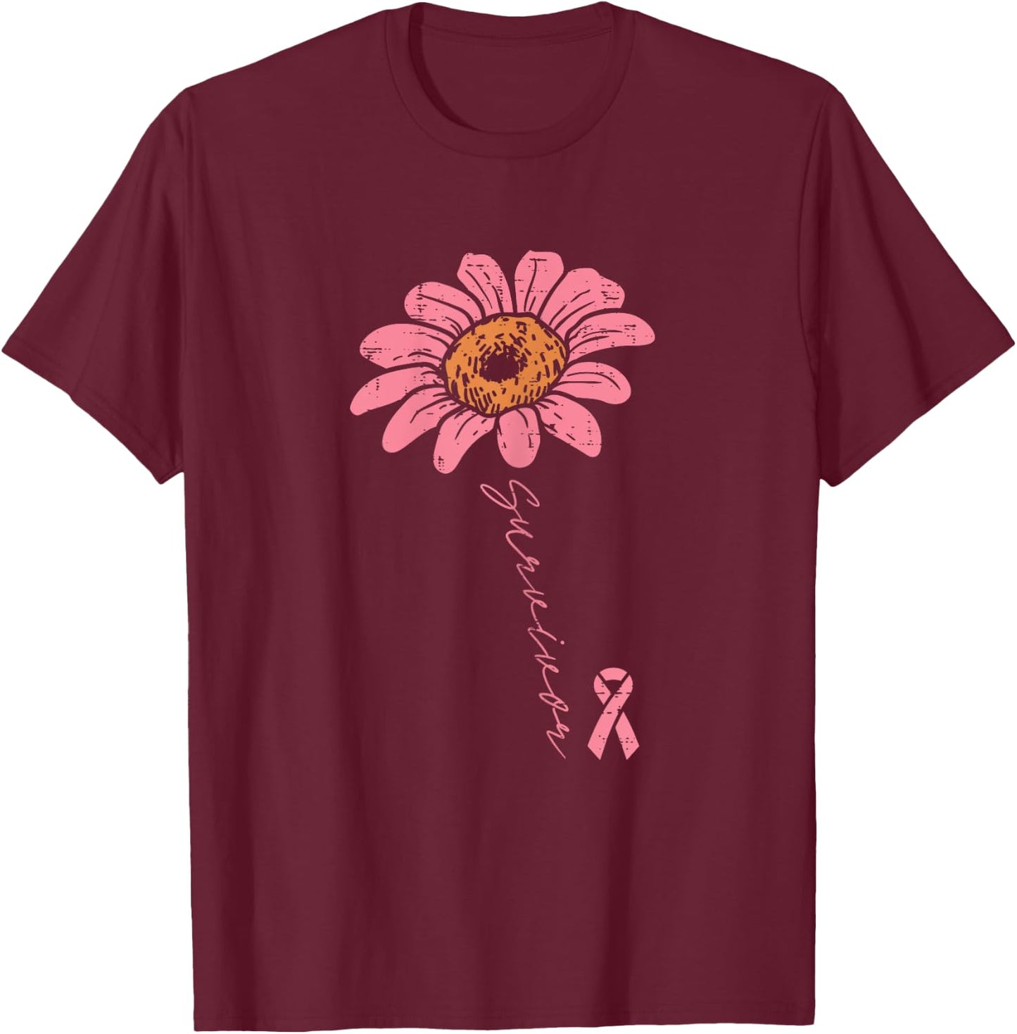 Sunflower Pink Ribbon Breast Cancer Survivor Awareness Women T-Shirt - T-Shirt | Maroon