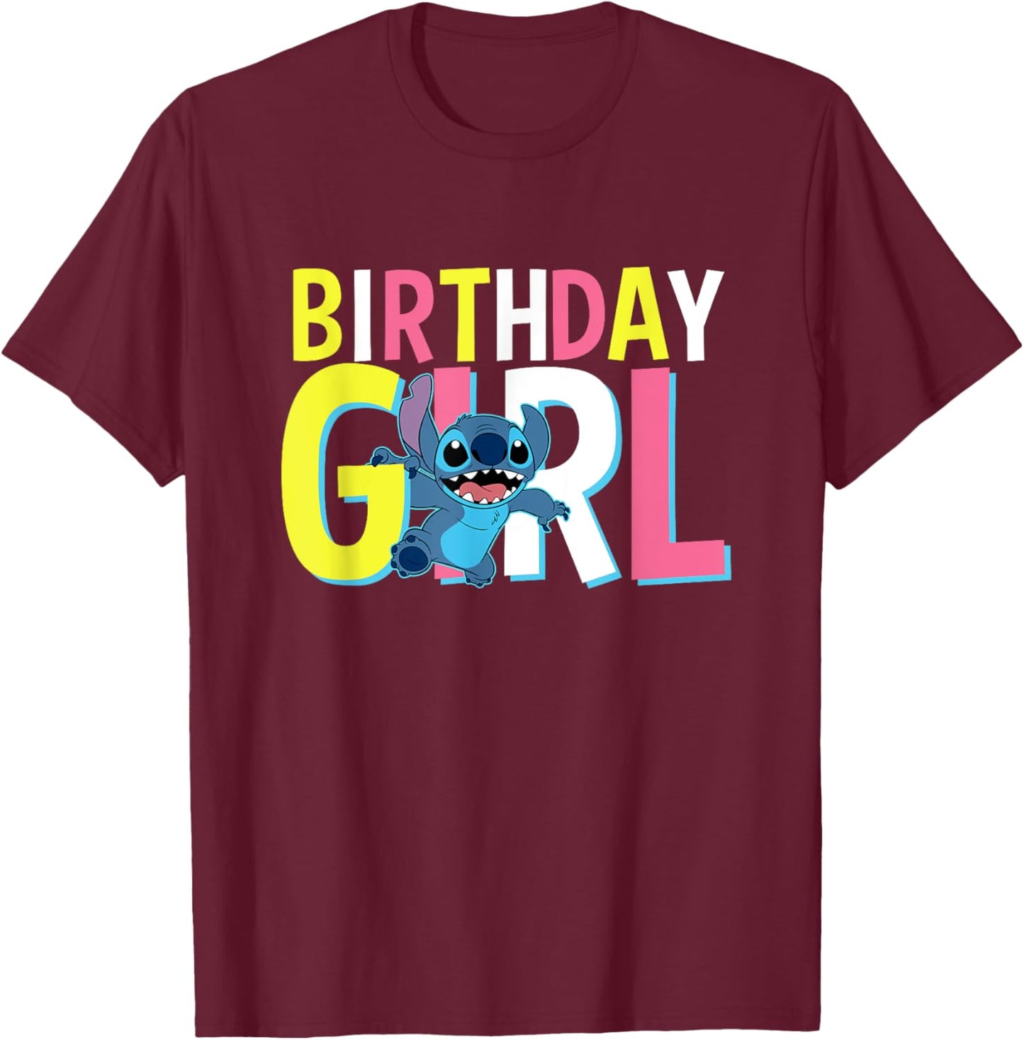 Disney Lilo & Stitch Birthday Girl Cute Stitch Text Logo T-Shirt - T-Shirt | Maroon