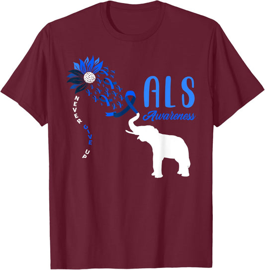 Blue Ribbon Elephant ALS Warrior Support ALS Awareness T-Shirt - T-Shirt | Maroon