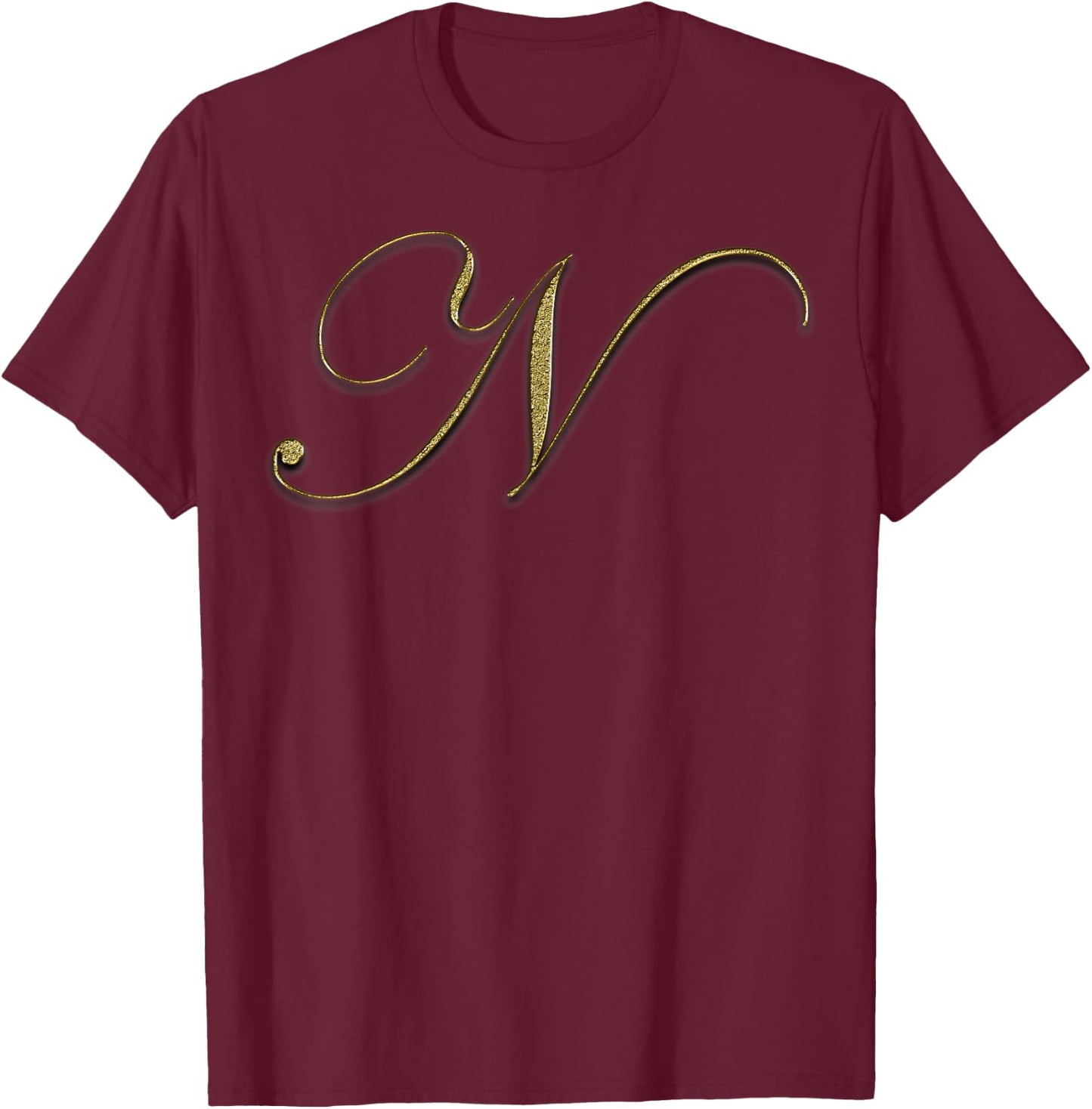 Monogram Initial Letter N Gold T-Shirt - T-Shirt | Maroon
