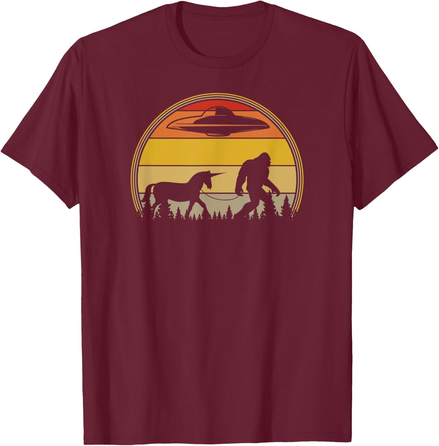 Retro Sunset Unicorns, Aliens, UFOs, Bigfoot T-Shirt - T-Shirt | Maroon